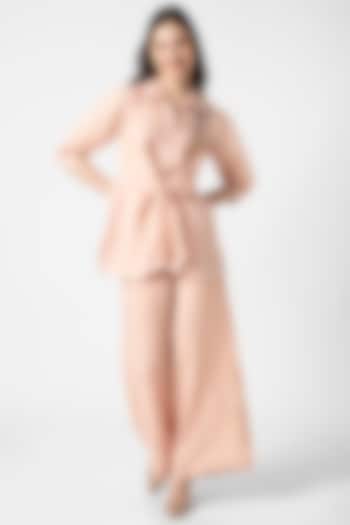 Dusty Rose Linen Screen Printed & Hand Embroidered Tie-Up Top by Kaveri at Pernia's Pop Up Shop