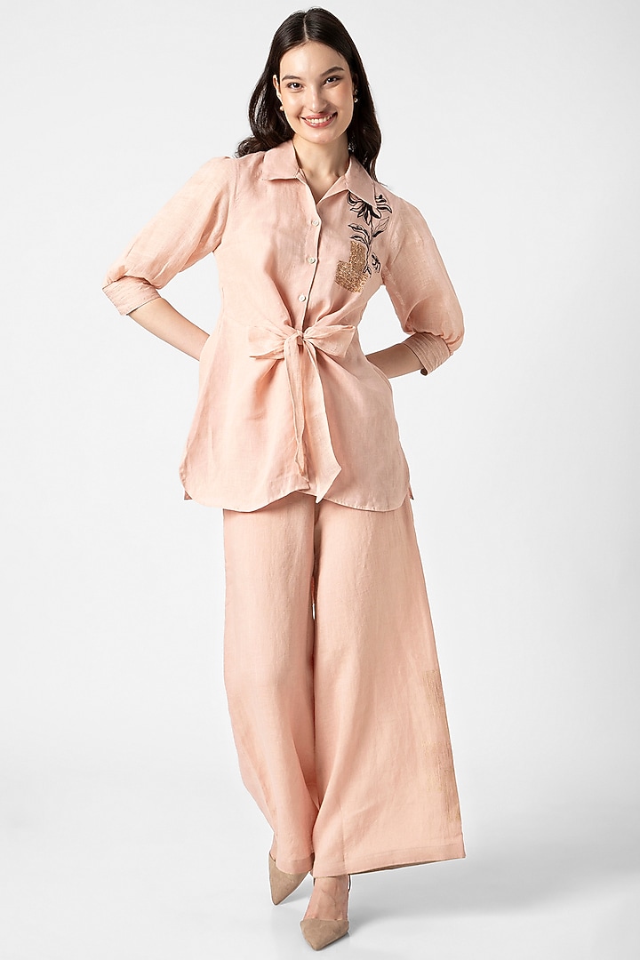 Dusty Rose Linen Screen Printed & Hand Embroidered Tie-Up Top by Kaveri at Pernia's Pop Up Shop