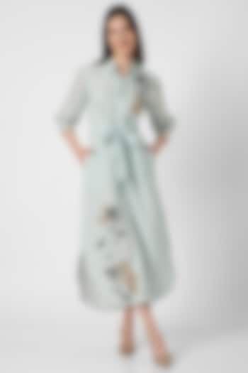 Ice Blue Linen Screen Printed & Hand Embroidered Tie-Up Vacation Dress by Kaveri at Pernia's Pop Up Shop