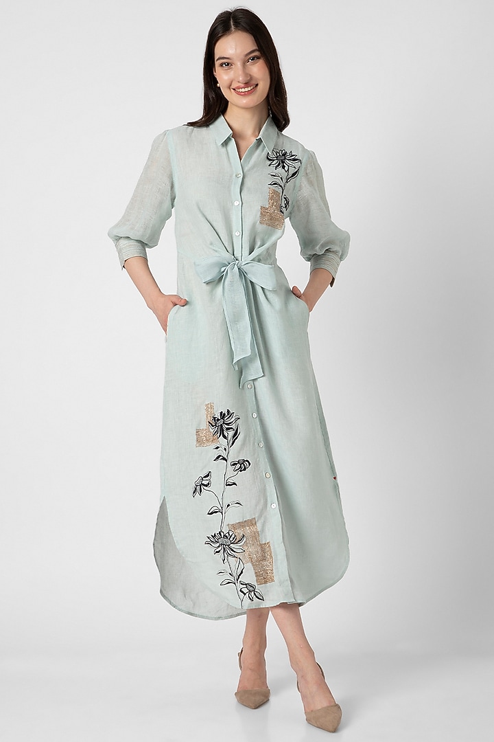 Ice Blue Linen Screen Printed & Hand Embroidered Tie-Up Vacation Dress by Kaveri at Pernia's Pop Up Shop