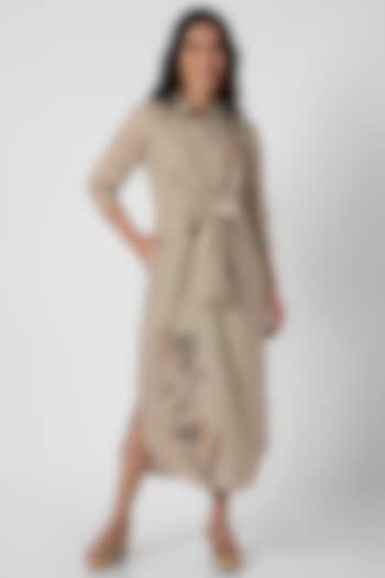 Natural Beige Linen Screen Printed & Hand Embroidered Tie-Up Vacation Dress by Kaveri at Pernia's Pop Up Shop