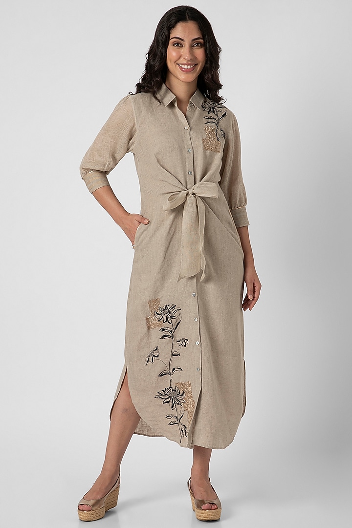Natural Beige Linen Screen Printed & Hand Embroidered Tie-Up Vacation Dress by Kaveri at Pernia's Pop Up Shop