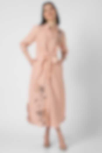 Dusty Rose Linen Screen Printed & Hand Embroidered Tie-Up Vacation Dress by Kaveri at Pernia's Pop Up Shop