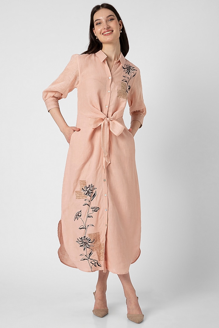 Dusty Rose Linen Screen Printed & Hand Embroidered Tie-Up Vacation Dress by Kaveri at Pernia's Pop Up Shop