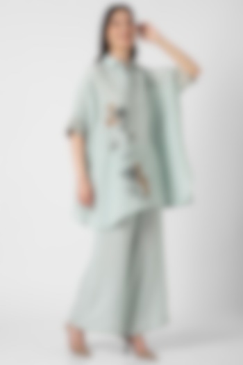 Ice Blue Linen Screen Printed & Hand Embroidered Co-Ord Set by Kaveri at Pernia's Pop Up Shop