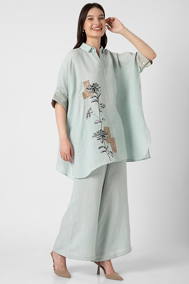 Ice Blue Linen Screen Printed & Hand Embroidered Co-Ord Set by Kaveri at Pernia's Pop Up Shop