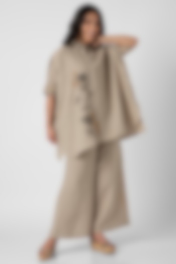 Natural Beige Linen Screen Printed & Hand Embroidered Co-Ord Set by Kaveri at Pernia's Pop Up Shop