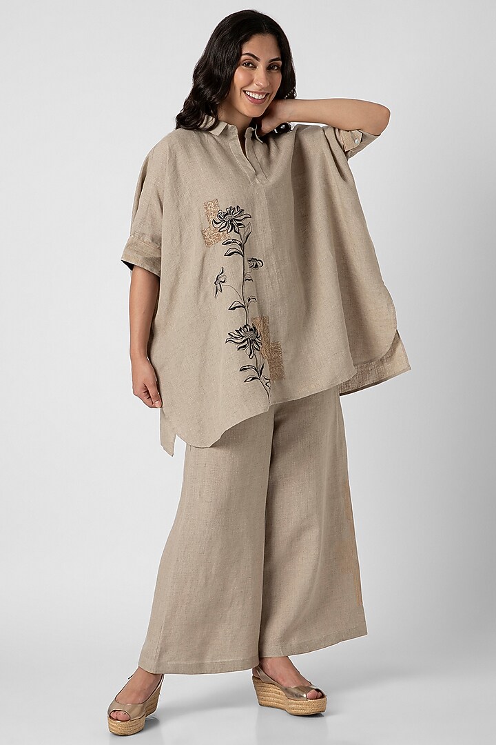 Natural Beige Linen Screen Printed & Hand Embroidered Co-Ord Set by Kaveri at Pernia's Pop Up Shop