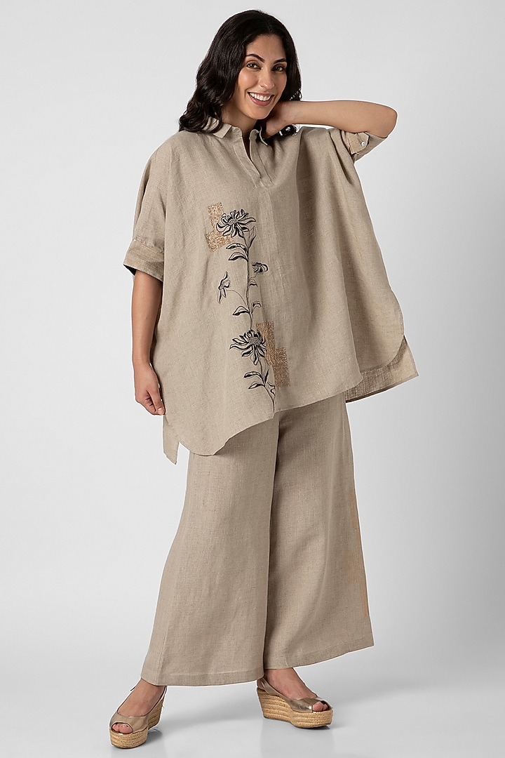 Natural Beige Linen Screen Printed & Hand Embroidered Square Top by Kaveri at Pernia's Pop Up Shop