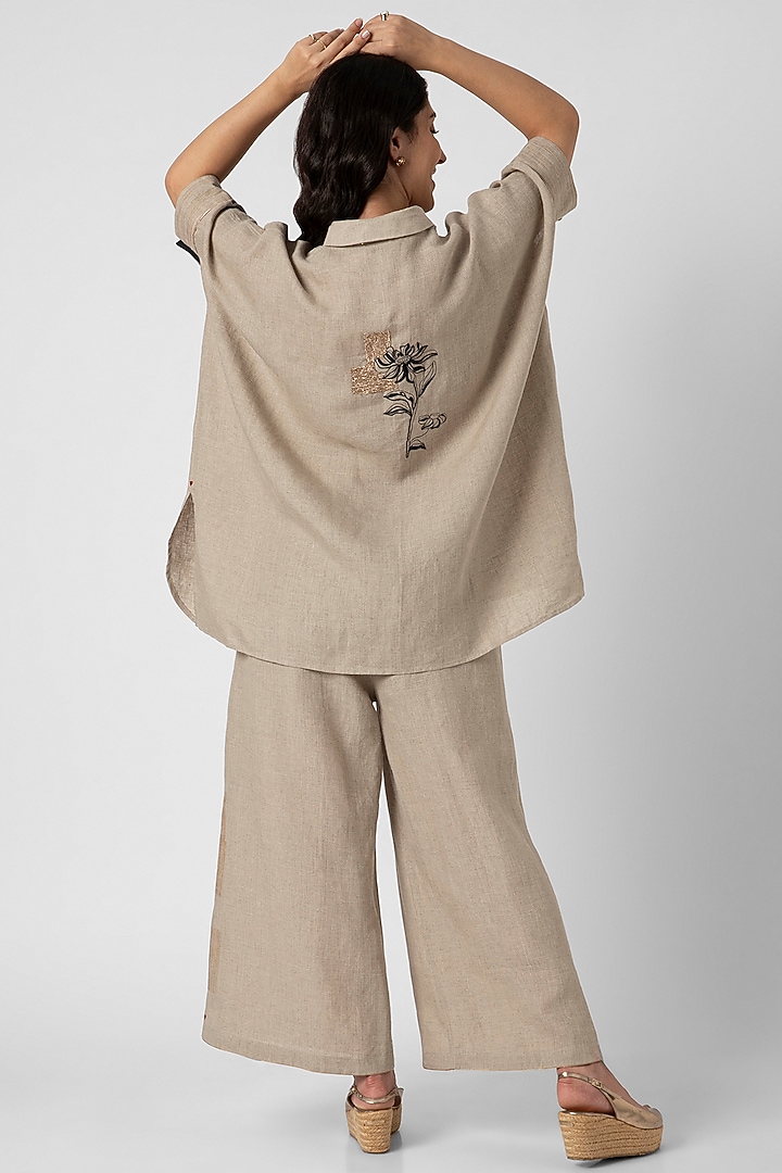 Natural Beige Linen Screen Printed & Hand Embroidered Square Top by Kaveri at Pernia's Pop Up Shop