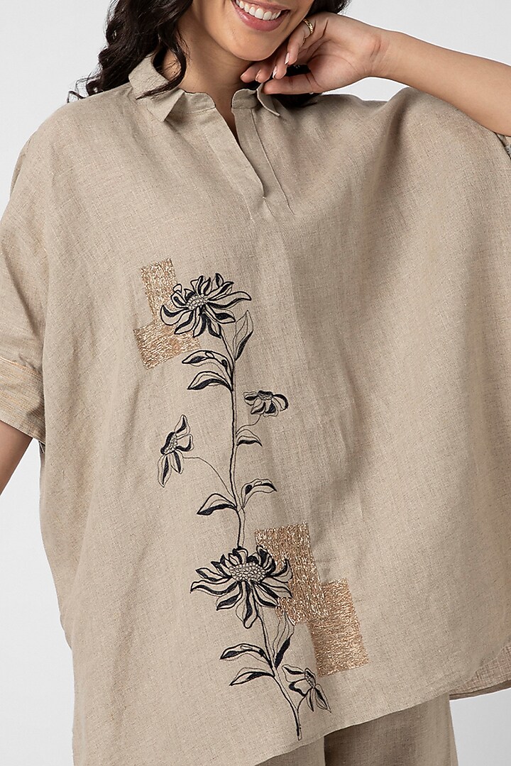 Natural Beige Linen Screen Printed & Hand Embroidered Square Top by Kaveri at Pernia's Pop Up Shop