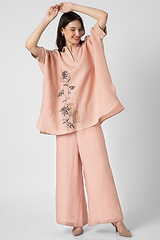 Dusty Rose Linen Screen Printed & Hand Embroidered Square Top by Kaveri