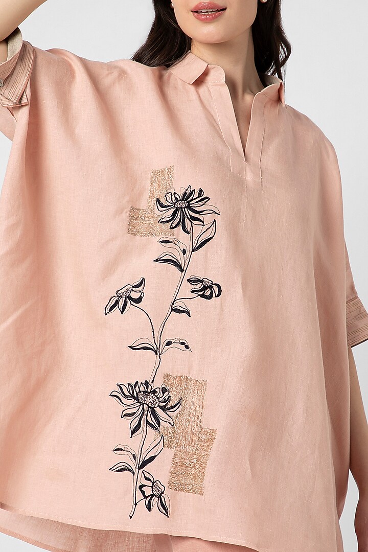 Dusty Rose Linen Screen Printed & Hand Embroidered Square Top by Kaveri at Pernia's Pop Up Shop