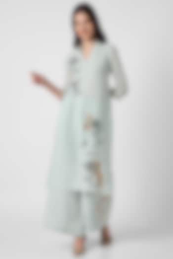 Ice Blue Linen Screen Printed & Hand Embroidered Kurta Set by Kaveri at Pernia's Pop Up Shop
