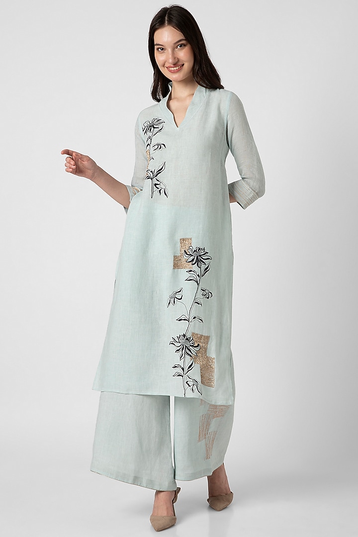 Ice Blue Linen Screen Printed & Hand Embroidered Kurta Set by Kaveri at Pernia's Pop Up Shop
