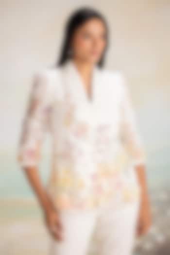 Off-White Linen Floral Printed Top by Kaveri at Pernia's Pop Up Shop