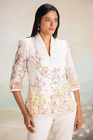 Off-White Linen Floral Printed Top by Kaveri