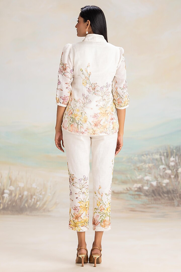 Off-White Linen Floral Printed Top by Kaveri at Pernia's Pop Up Shop