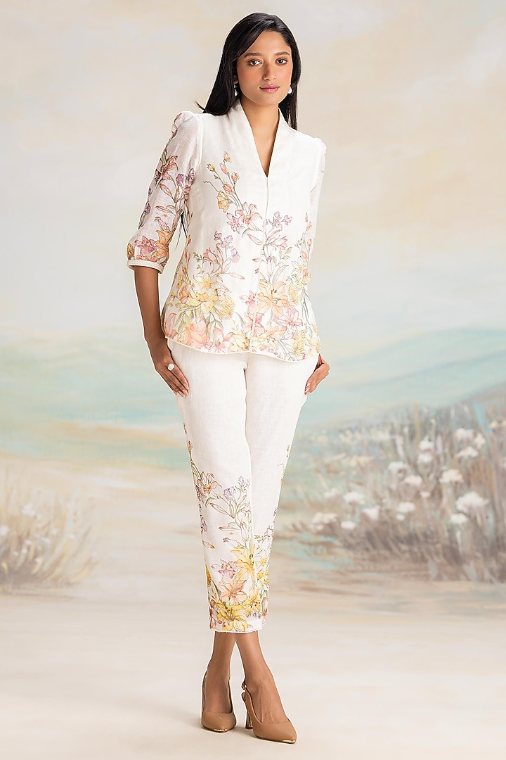 Off-White Linen Floral Printed Top by Kaveri at Pernia's Pop Up Shop