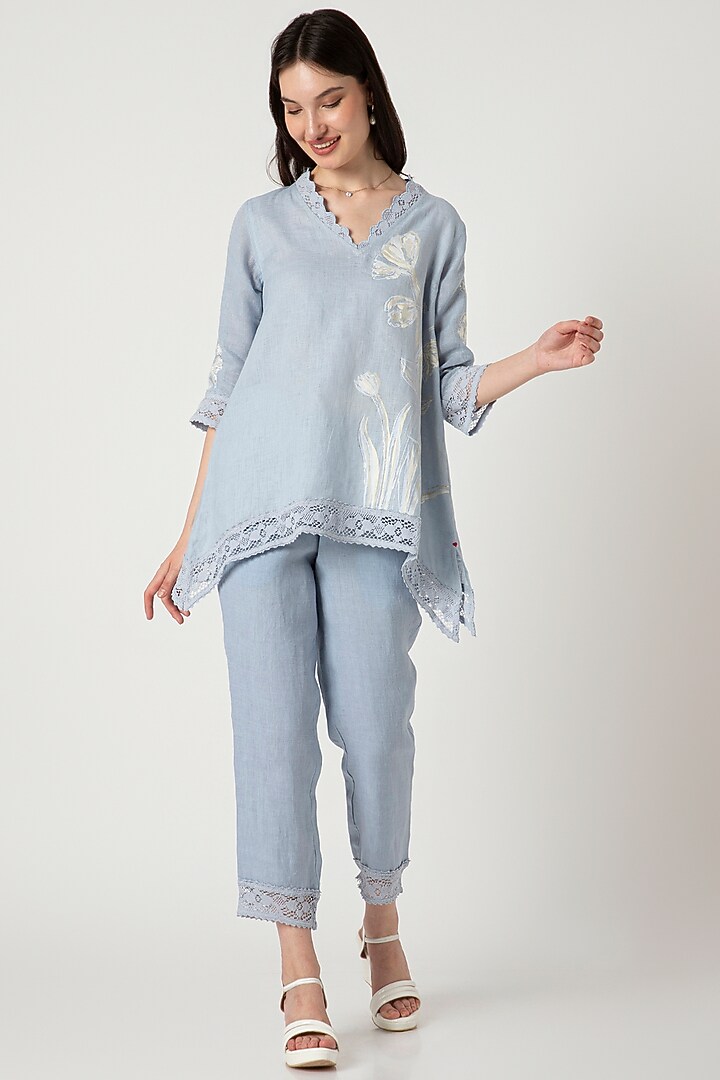 Star Blue Linen Screen Printed Co-Ord Set by Kaveri at Pernia's Pop Up Shop