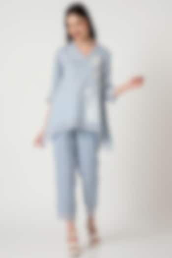 Star Blue Linen Hand Screen Printed Top by Kaveri at Pernia's Pop Up Shop