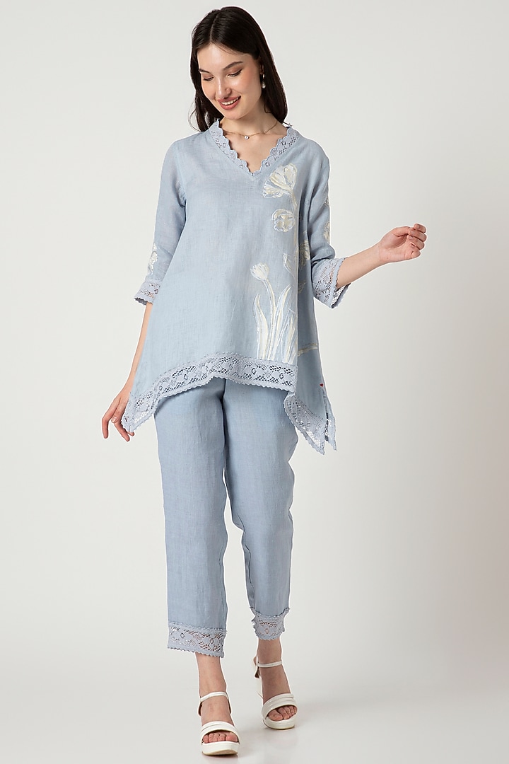Star Blue Linen Hand Screen Printed Top by Kaveri at Pernia's Pop Up Shop