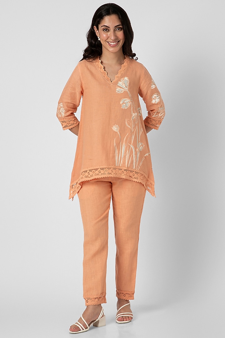 Musk-Melon Linen Hand Screen Printed Top by Kaveri at Pernia's Pop Up Shop