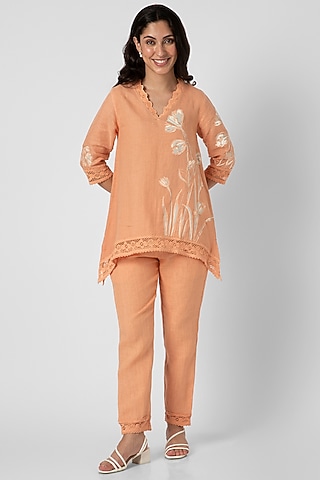 Musk-Melon Linen Hand Screen Printed Top by Kaveri