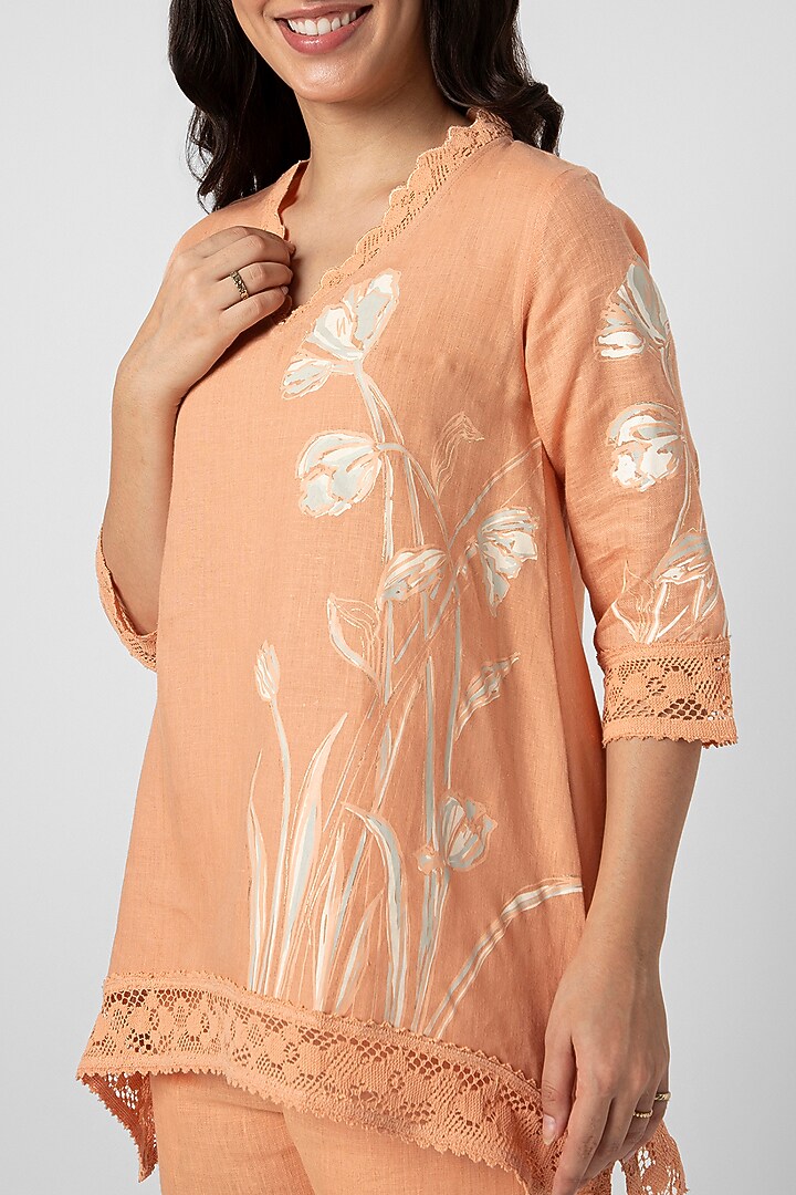 Musk-Melon Linen Hand Screen Printed Top by Kaveri at Pernia's Pop Up Shop