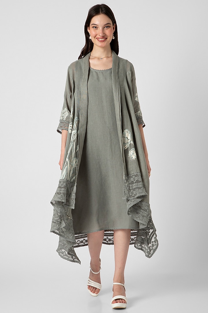 Jade Linen Hand Screen Printed Jacket Vacation Dress by Kaveri at Pernia's Pop Up Shop
