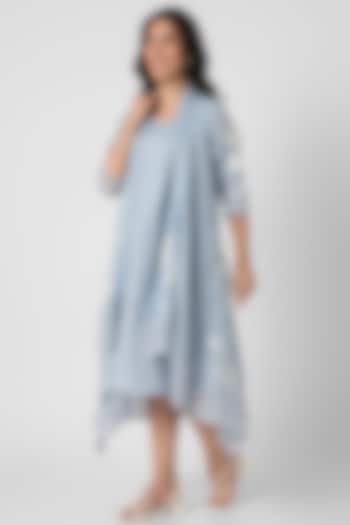 Blue Linen Hand Screen Printed Jacket Vacation Dress by Kaveri at Pernia's Pop Up Shop