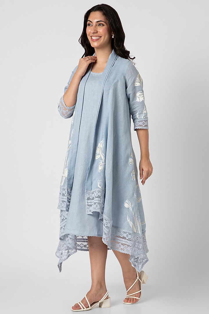 Blue Linen Hand Screen Printed Jacket Vacation Dress by Kaveri at Pernia's Pop Up Shop