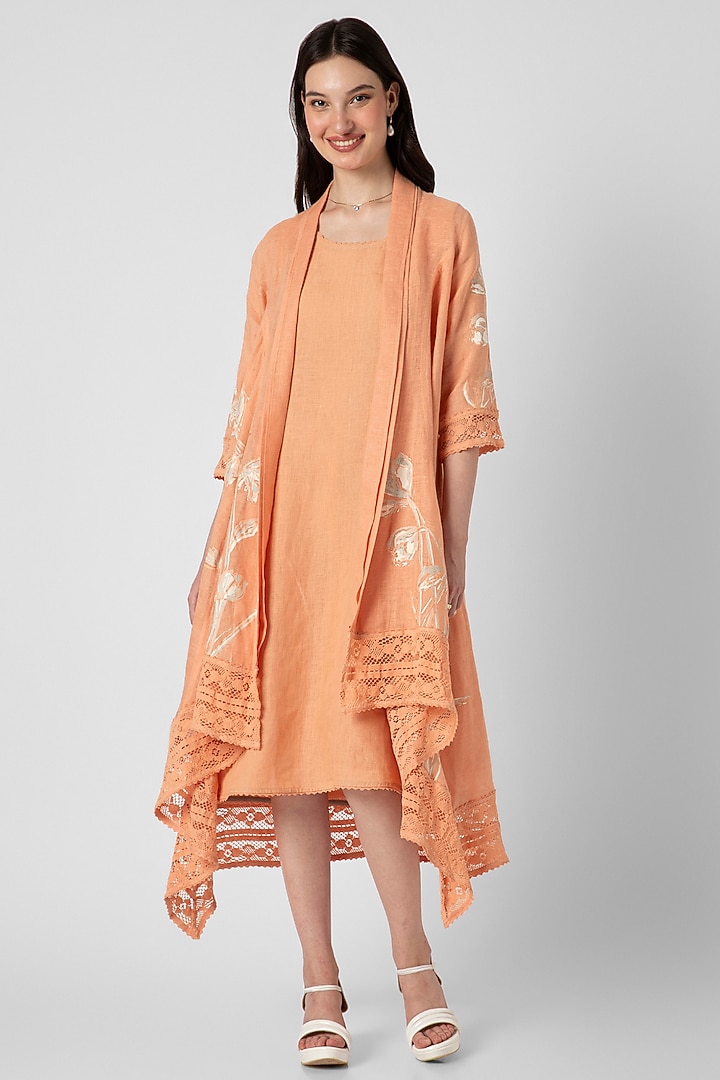 Muskmelon Linen Hand Screen Printed Jacket Vacation Dress by Kaveri at Pernia's Pop Up Shop