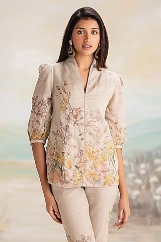 Natural Linen Floral Printed Top by Kaveri