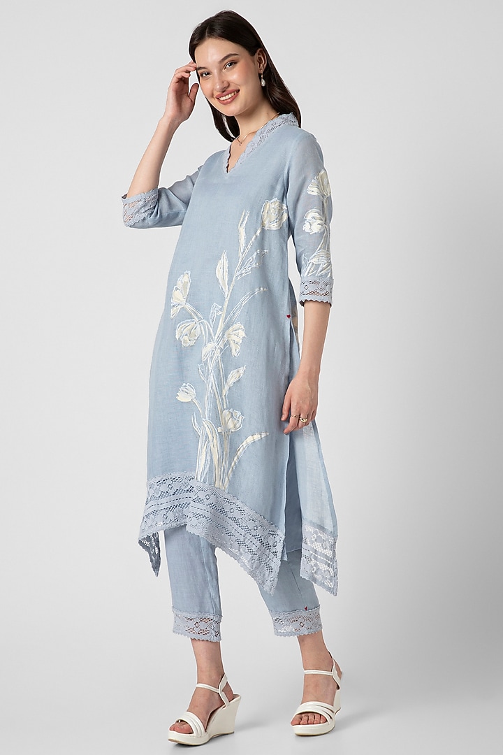 Blue Linen Hand Screen Printed Tunic Set by Kaveri at Pernia's Pop Up Shop