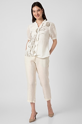 Off-White Linen Hand Screen Printed Top by Kaveri