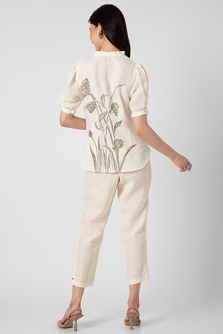 Off-White Linen Hand Screen Printed Top by Kaveri at Pernia's Pop Up Shop