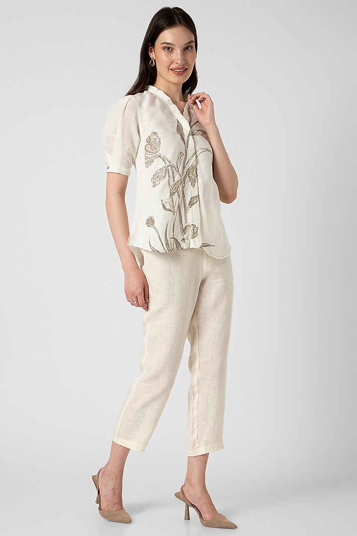 Off-White Linen Hand Screen Printed Top by Kaveri at Pernia's Pop Up Shop