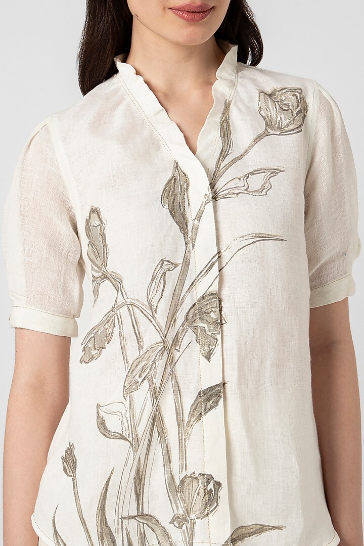 Off-White Linen Hand Screen Printed Top by Kaveri at Pernia's Pop Up Shop