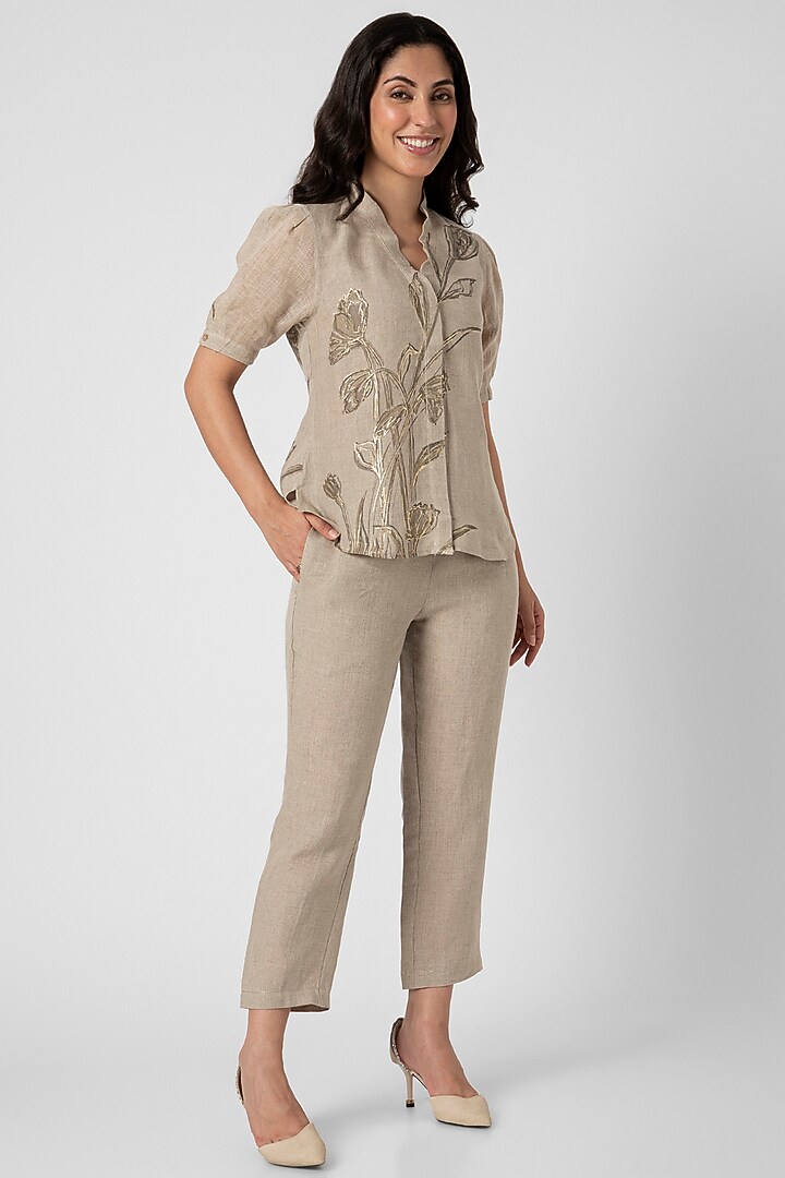 Natural-Colored Linen Hand Screen Printed Top by Kaveri at Pernia's Pop Up Shop