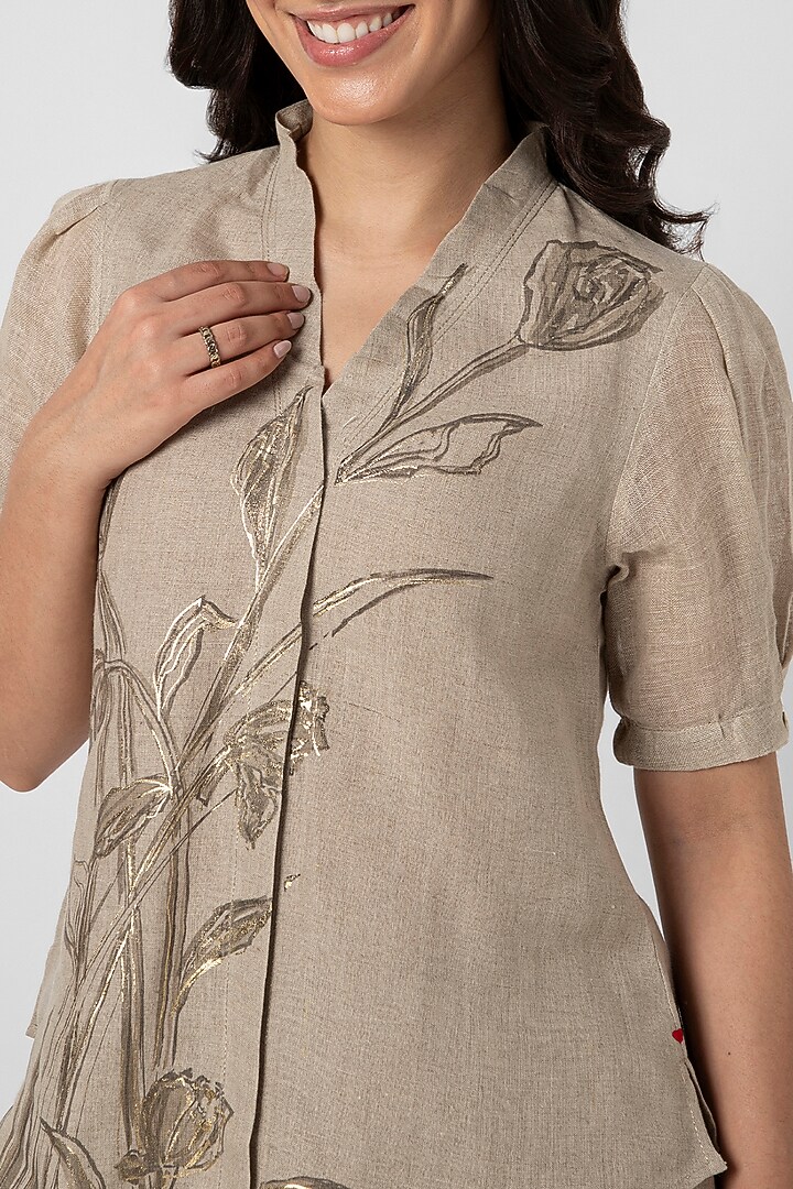 Natural-Colored Linen Hand Screen Printed Top by Kaveri at Pernia's Pop Up Shop