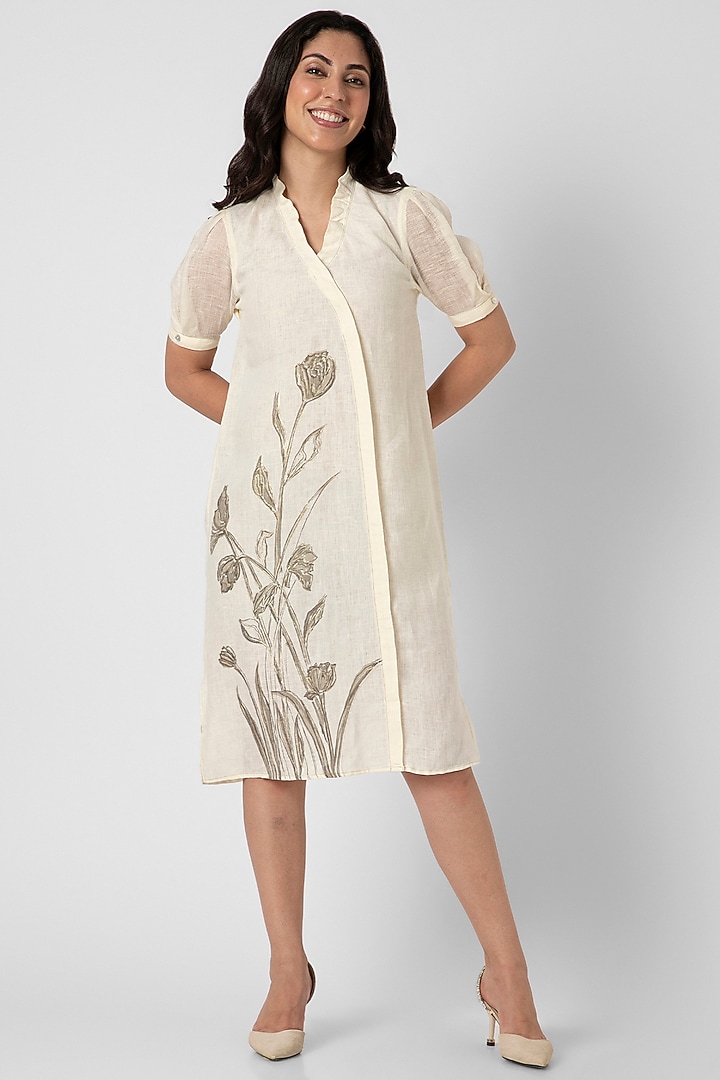 Off-White Linen Hand Screen Printed Midi Summer Dress by Kaveri at Pernia's Pop Up Shop