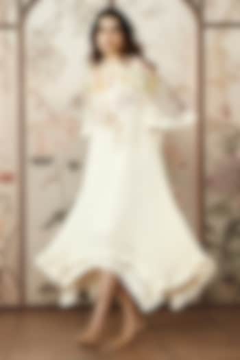 Off-White Linen Floral Printed Layered Vacation Dress by Kaveri at Pernia's Pop Up Shop
