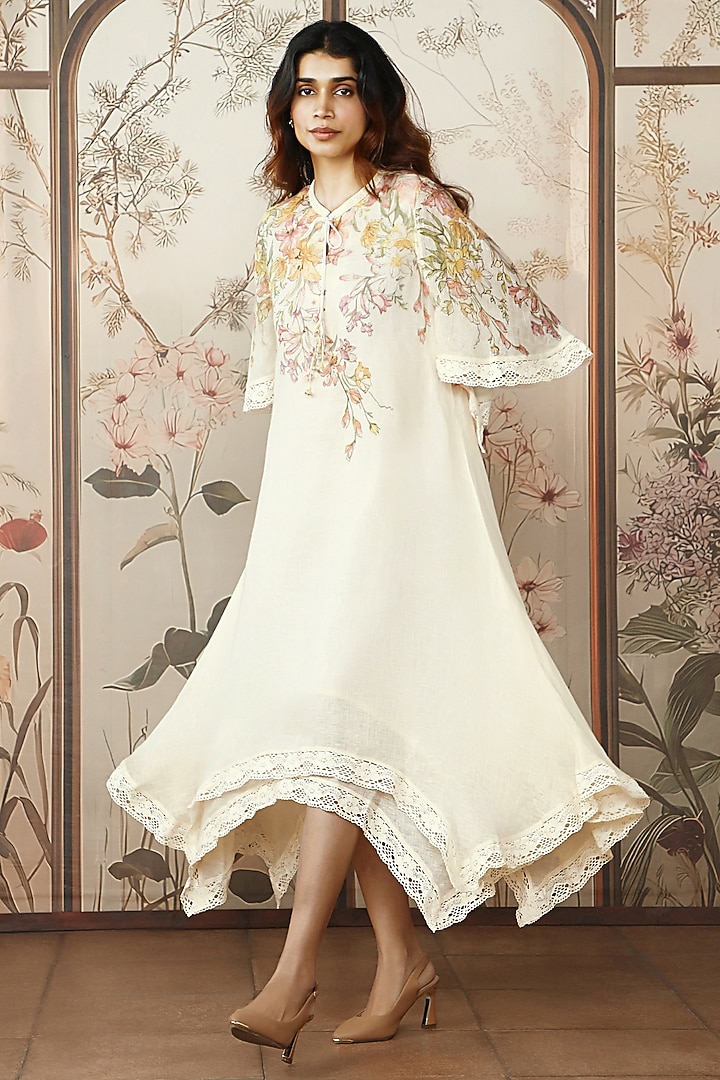 Off-White Linen Floral Printed Layered Vacation Dress by Kaveri at Pernia's Pop Up Shop