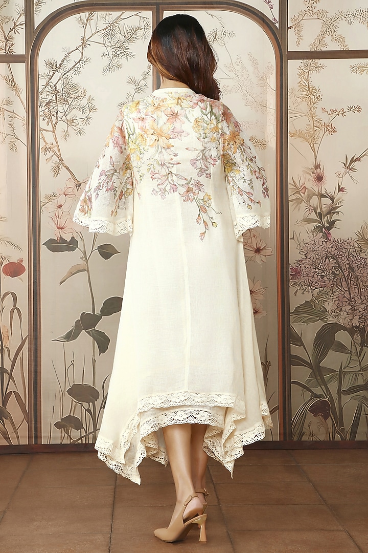 Off-White Linen Floral Printed Layered Vacation Dress by Kaveri at Pernia's Pop Up Shop