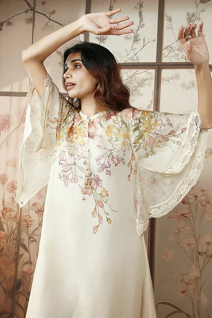 Off-White Linen Floral Printed Layered Vacation Dress by Kaveri at Pernia's Pop Up Shop