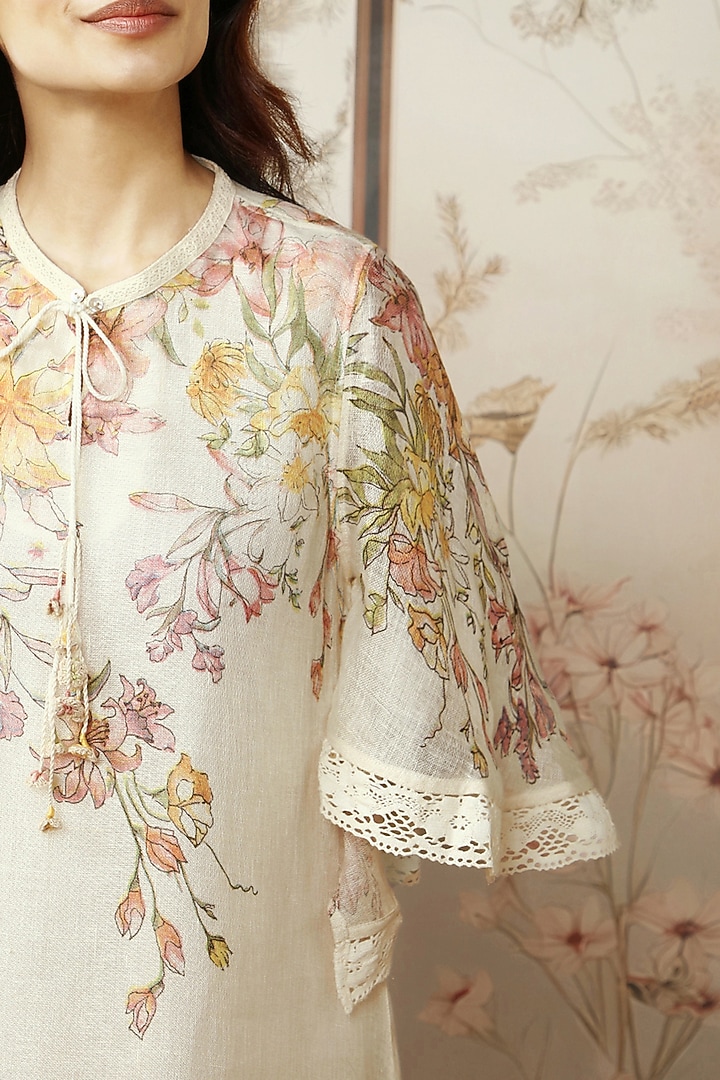 Off-White Linen Floral Printed Layered Vacation Dress by Kaveri at Pernia's Pop Up Shop