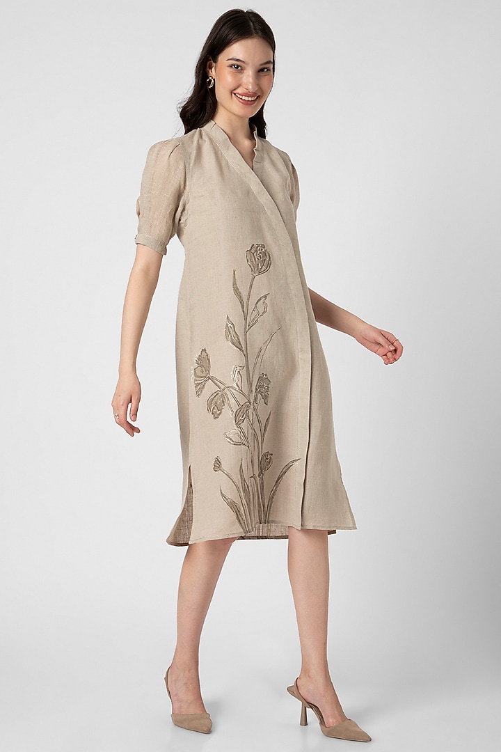 Natural-Colored Linen Hand Screen Printed Midi Summer Dress by Kaveri at Pernia's Pop Up Shop