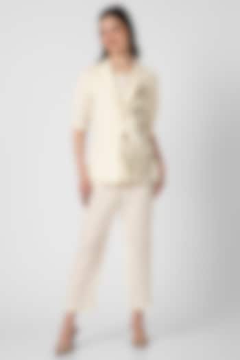 Off-White Linen Hand Screen Printed Blazer Set by Kaveri at Pernia's Pop Up Shop