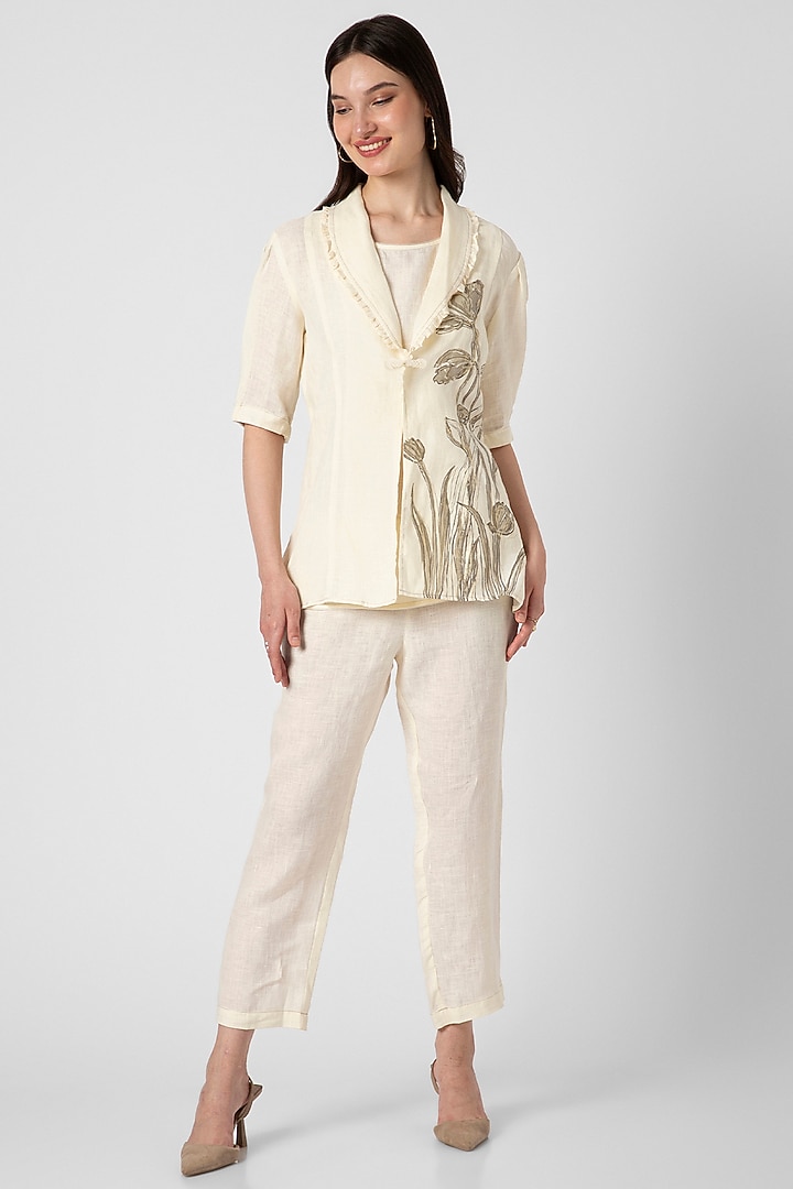 Off-White Linen Hand Screen Printed Blazer Set by Kaveri at Pernia's Pop Up Shop